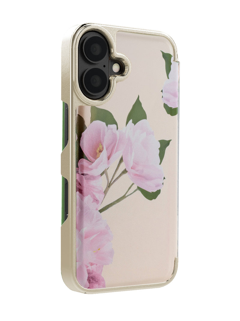 Ted Baker Cream Flower Placement Mirror Folio Phone Case for iPhone 16 Gold Shell