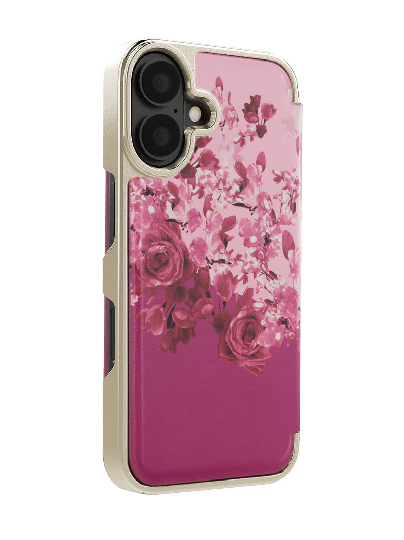 Ted Baker Pink Scattered Flowers Mirror Folio Phone Case for iPhone 16 Gold Shell