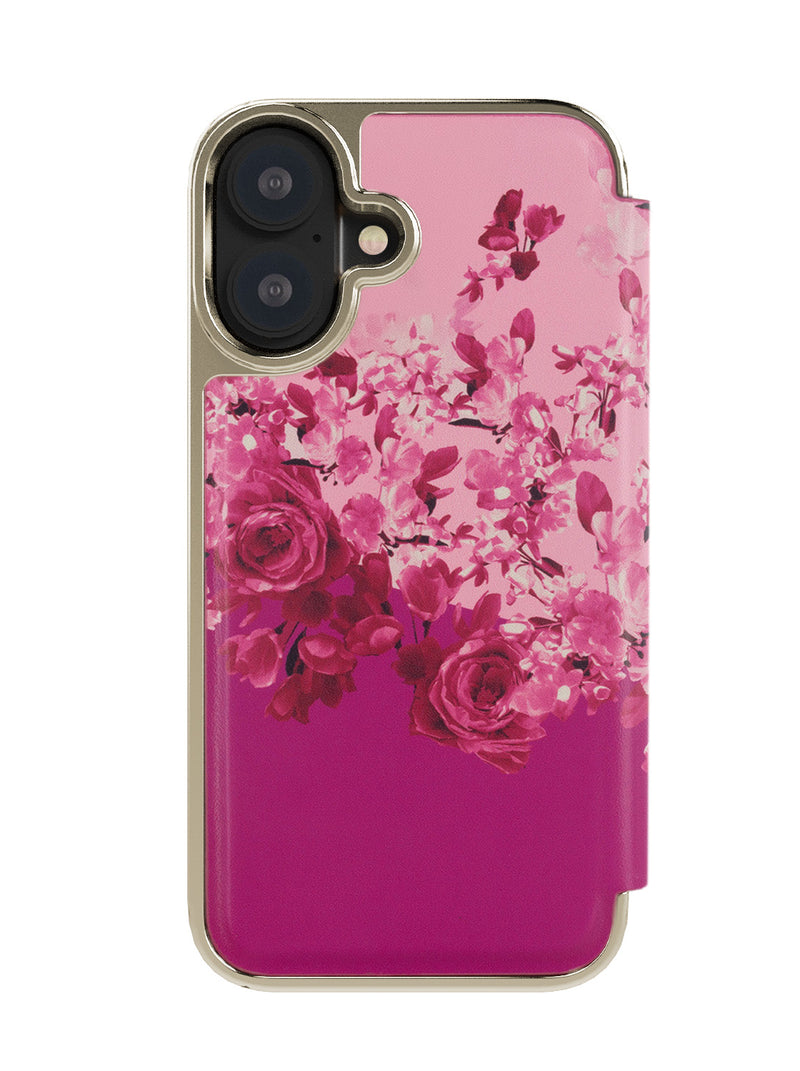 Ted Baker Pink Scattered Flowers Mirror Folio Phone Case for iPhone 16 Gold Shell