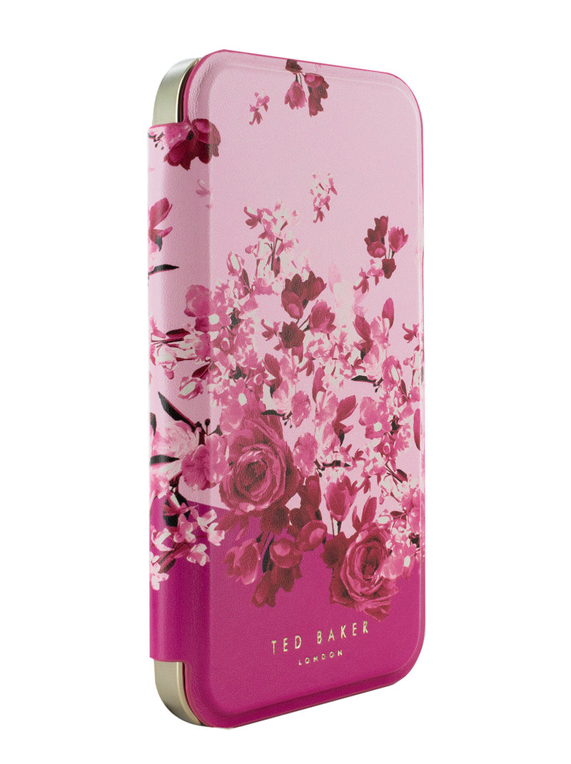 Ted Baker Pink Scattered Flowers Mirror Folio Phone Case for iPhone 16 Gold Shell