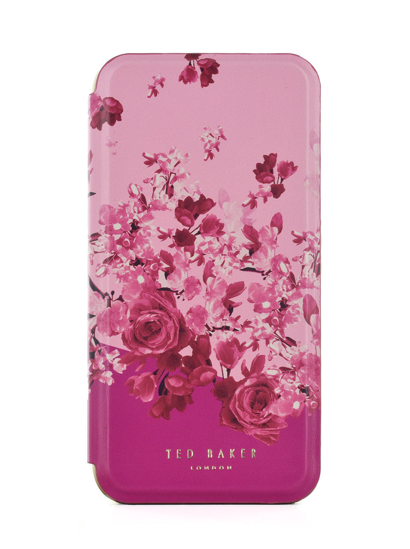 Ted Baker Pink Scattered Flowers Mirror Folio Phone Case for iPhone 16 Gold Shell