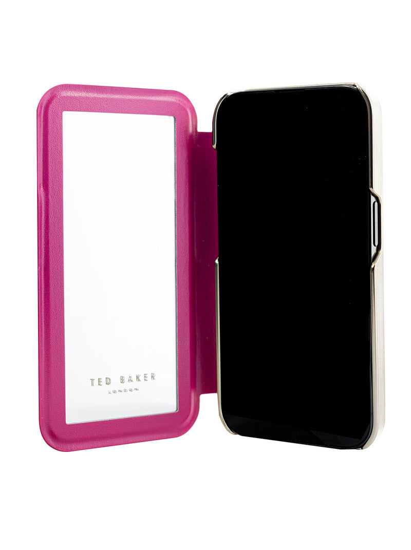 Ted Baker Pink Scattered Flowers Mirror Folio Phone Case for iPhone 16 Gold Shell