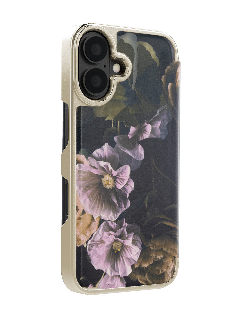 Ted Baker Black Paper Flowers Mirror Folio Phone Case for iPhone 16 Gold Shell