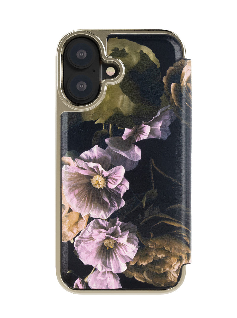 Ted Baker Black Paper Flowers Mirror Folio Phone Case for iPhone 16 Gold Shell