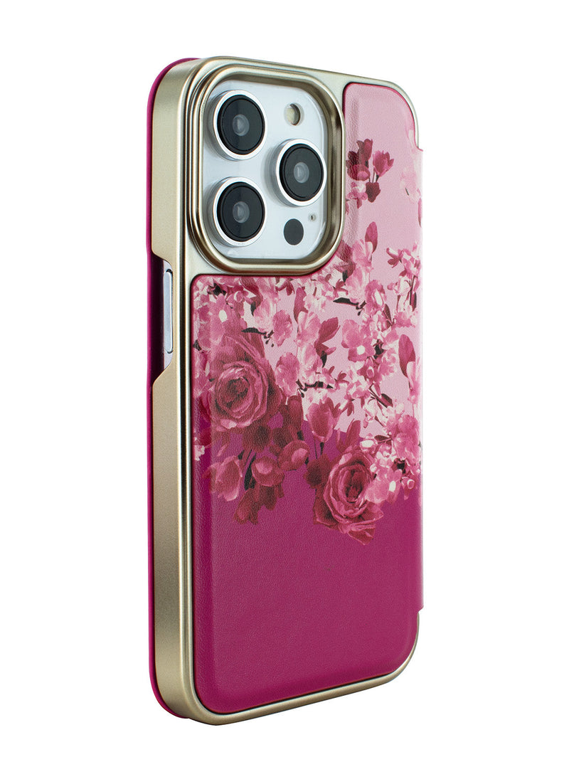 Ted Baker Pink Scattered Flowers Mirror Folio Phone Case for iPhone 16 Pro Gold Shell