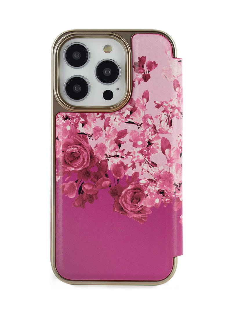 Ted Baker Pink Scattered Flowers Mirror Folio Phone Case for iPhone 16 Pro Gold Shell