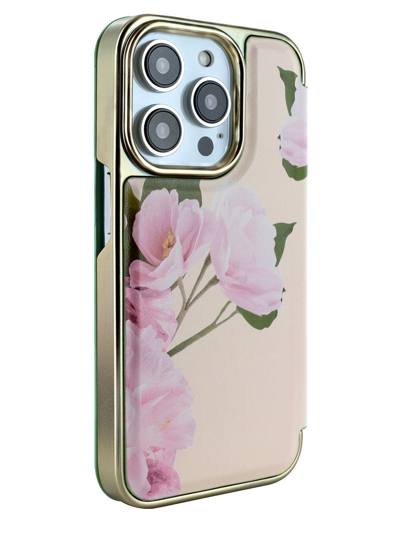 Ted Baker Cream Flower Placement Mirror Folio Phone Case for iPhone 16 Pro Gold Shell