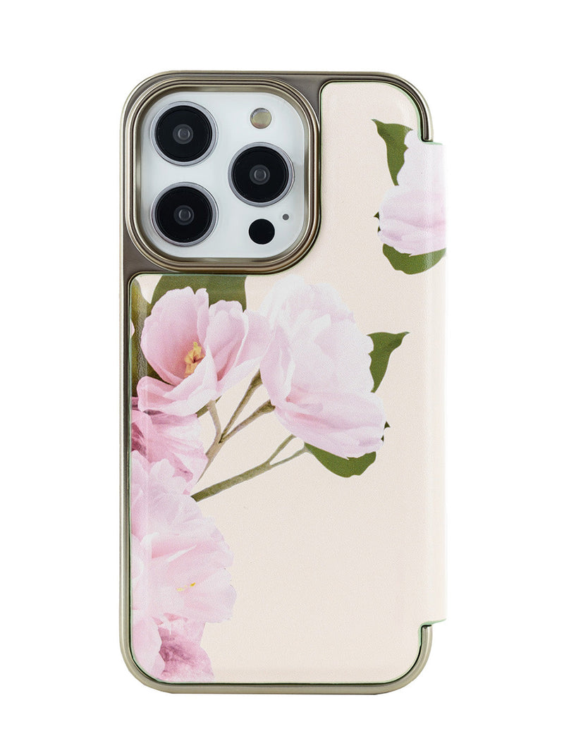 Ted Baker Cream Flower Placement Mirror Folio Phone Case for iPhone 16 Pro Gold Shell