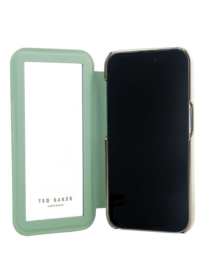 Ted Baker Cream Flower Placement Mirror Folio Phone Case for iPhone 16 Pro Gold Shell