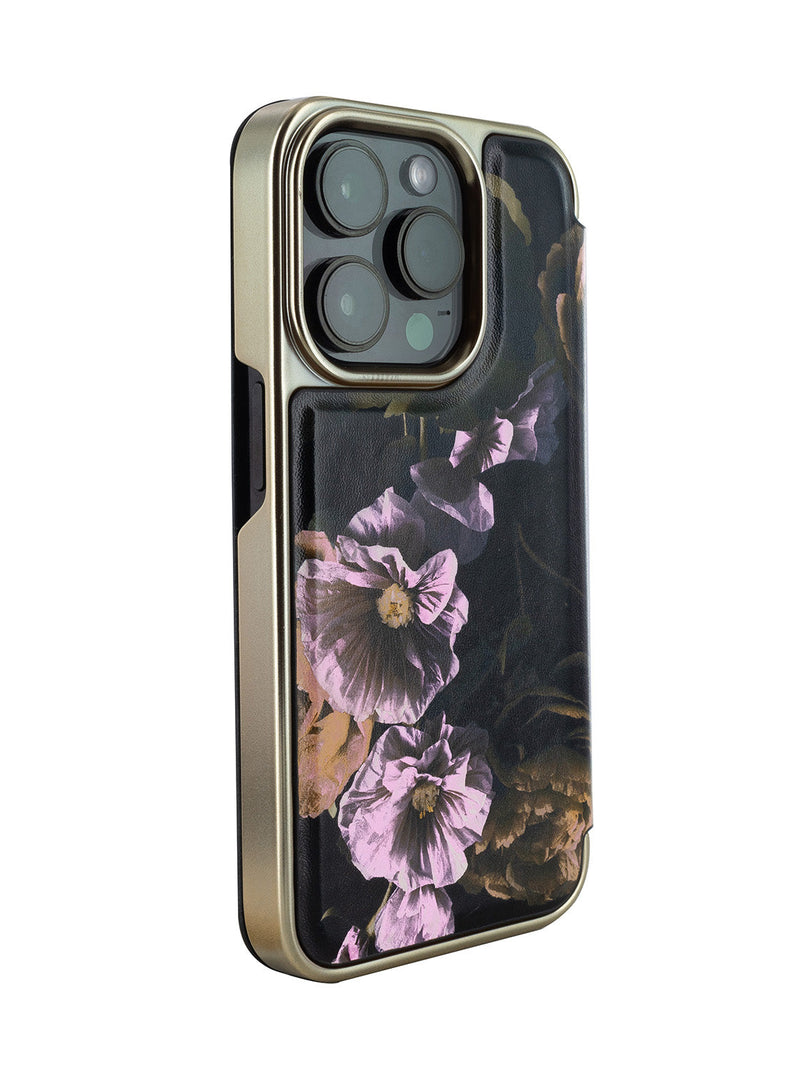 Ted Baker Black Paper Flowers Mirror Folio Phone Case for iPhone 16 Pro Gold Shell