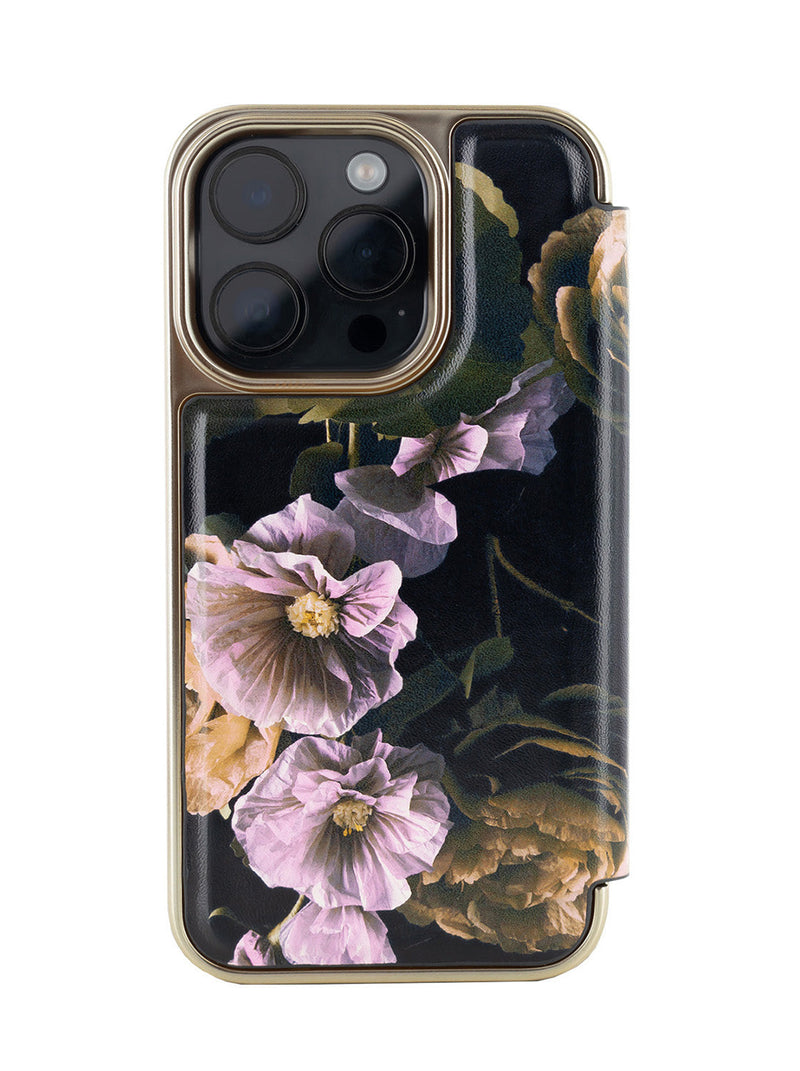 Ted Baker Black Paper Flowers Mirror Folio Phone Case for iPhone 16 Pro Gold Shell