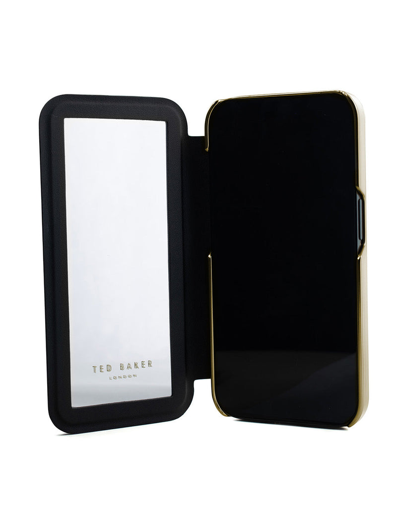 Ted Baker Black Paper Flowers Mirror Folio Phone Case for iPhone 16 Pro Gold Shell